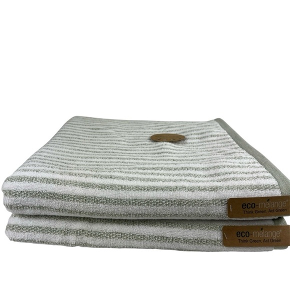 ECO Melange Bath Towel Set Green (Sage) White Striped Cotton Set of 2 NEW - Picture 2 of 8